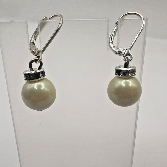 Pearl Drop Leverback Earrings Silver Tone with Rhinestone Accents - Picture 1 of 13
